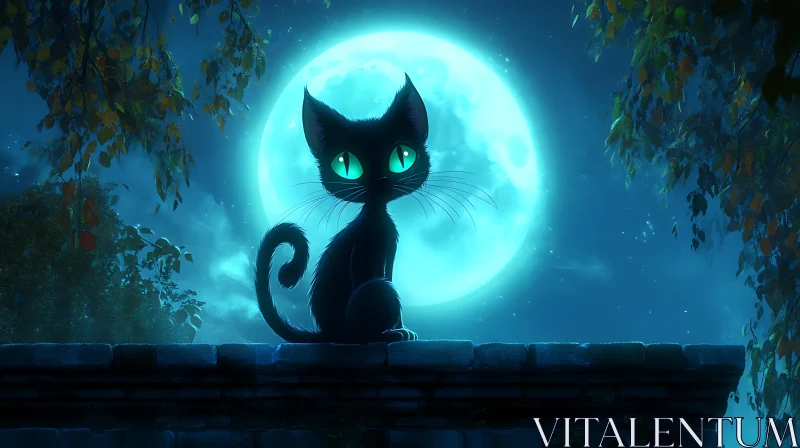 Mystical Black Cat at Night with Glowing Green Eyes AI Image