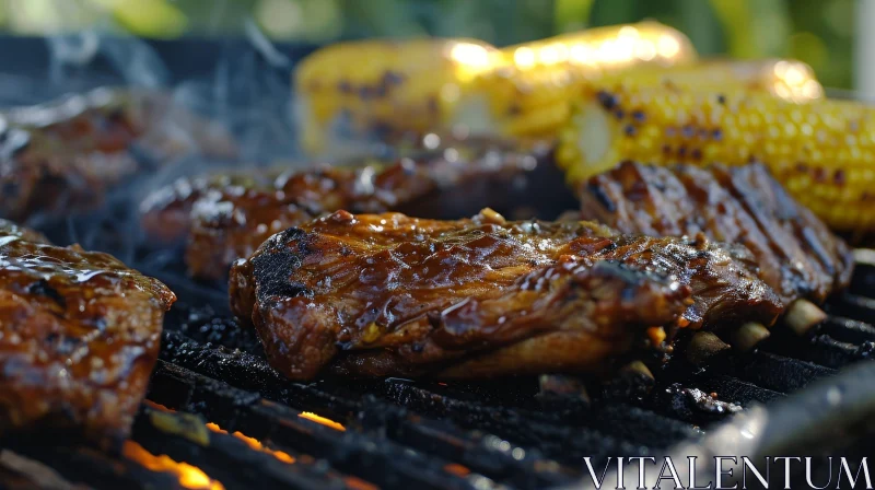 Delicious Barbecue Ribs and Corn on a Hot Grill AI Image