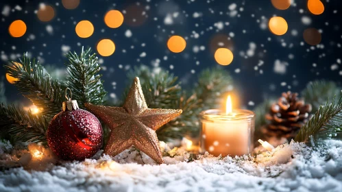 Christmas Candle and Ornaments in Snow