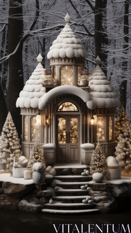 Enchanting Ice Castle: A Fairy House Amidst Snow-Covered Trees AI Image