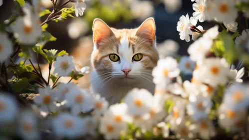 Ginger and White Cat in Flower Garden
