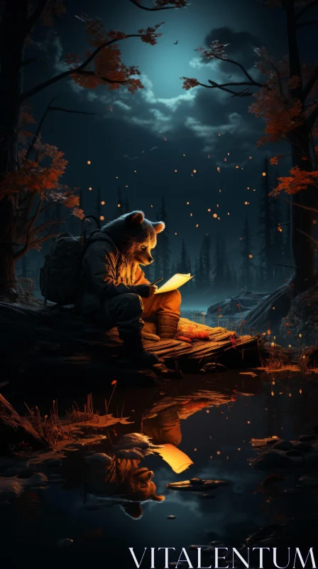 Moonlit Reading Bear in the Wilderness AI Image