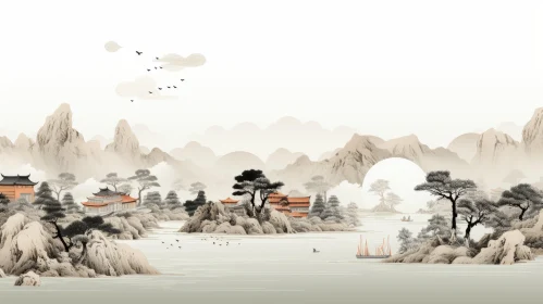 Serene Oriental Landscape Illustration with Calm Waters