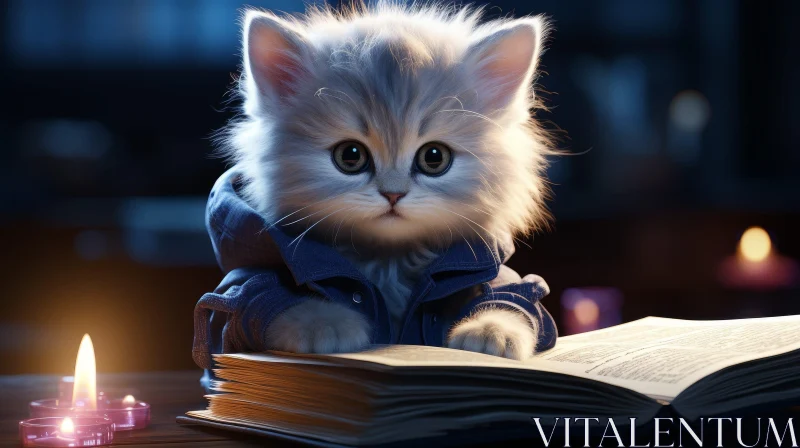 AI ART White Kitten in Blue Denim Jacket - Adorable Pose