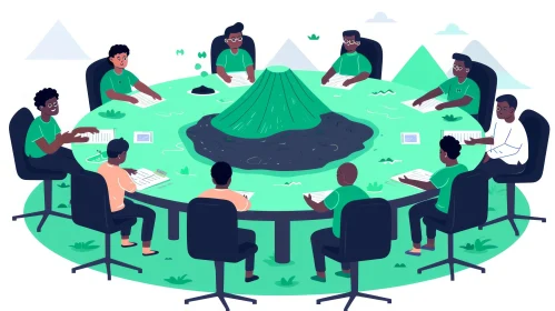 Workers Meeting with Volcano and Green Moss - Graphic Design-inspired Illustration