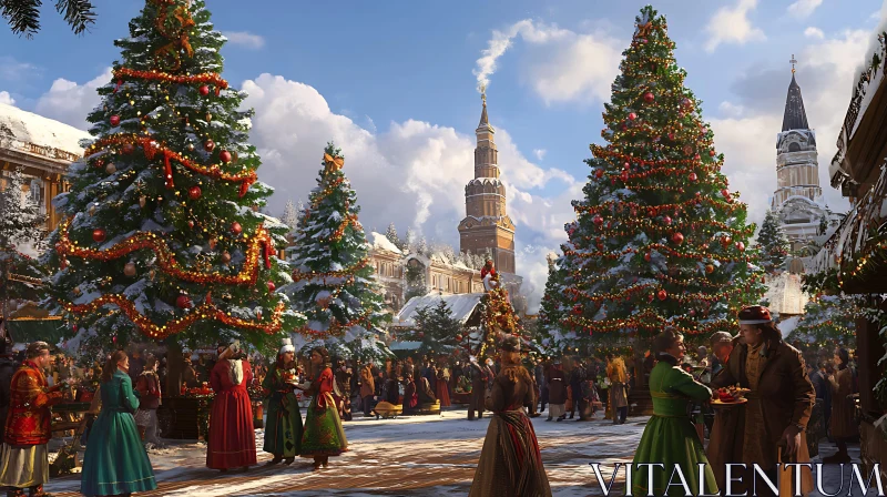 Snowy Christmas Market Scene with Traditional Festivities AI Image