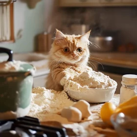 Playful Orange Kitten with Flour in Kitchen