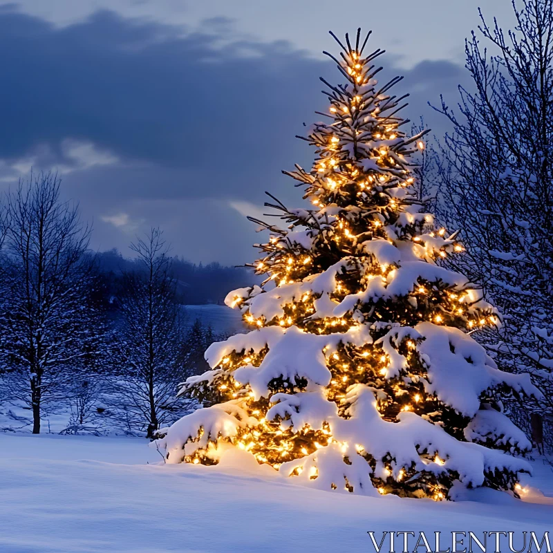 Christmas Tree Decorated with Lights in Snowy Landscape AI Image