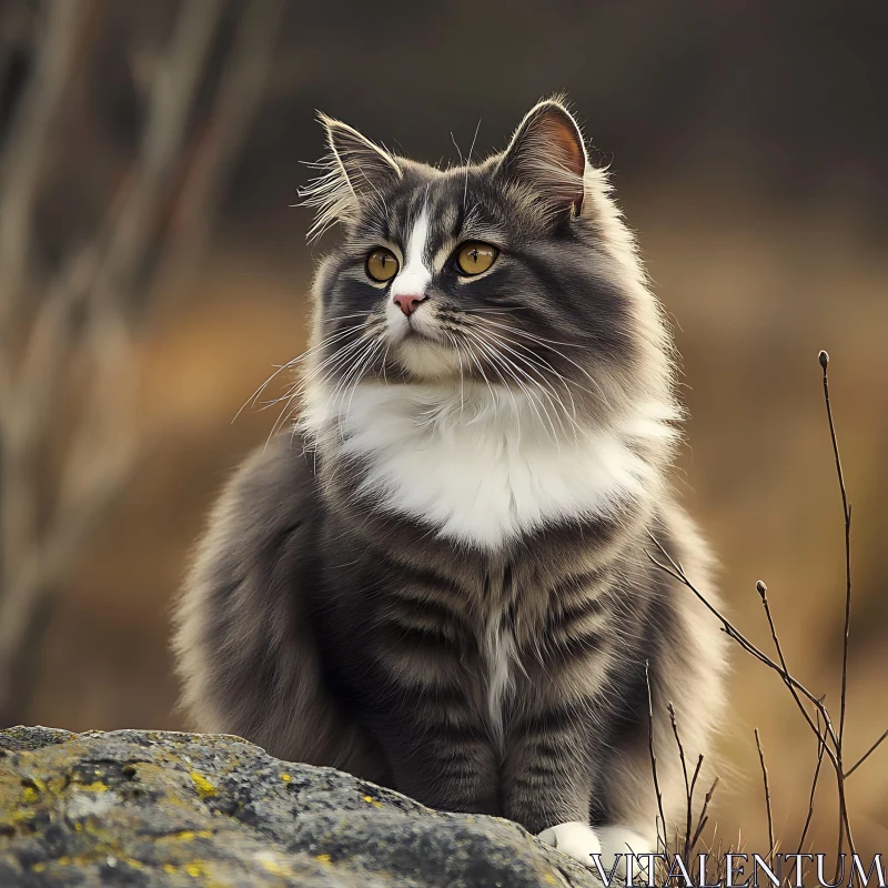 AI ART Grey and White Long-Haired Cat with Golden Eyes