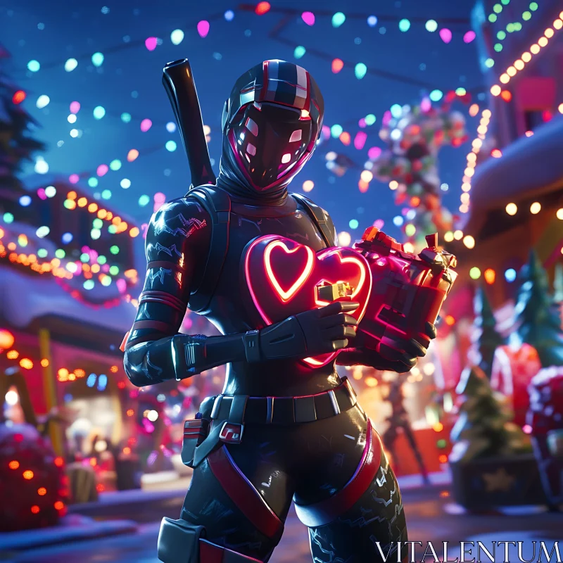 Cyber Warrior with Neon Heart Amid Holiday Lights AI Image