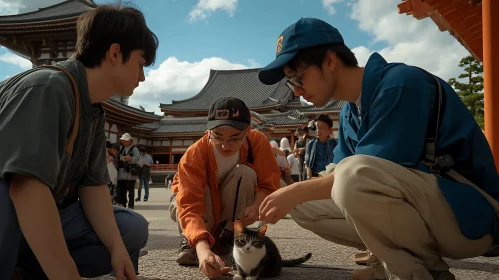 Three Friends with Cat at Japanese Temple