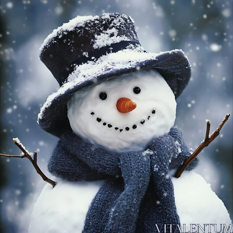 Frosty Snowman with Top Hat and Scarf Amidst Falling Snow AI Image