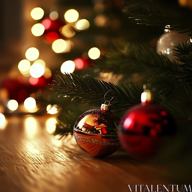 Festive Ornaments on Christmas Tree Branch AI Image