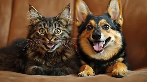 Happy Cat and Dog Relaxing on a Brown Sofa