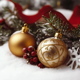 Golden Ornaments in Snow with Pine and Berries