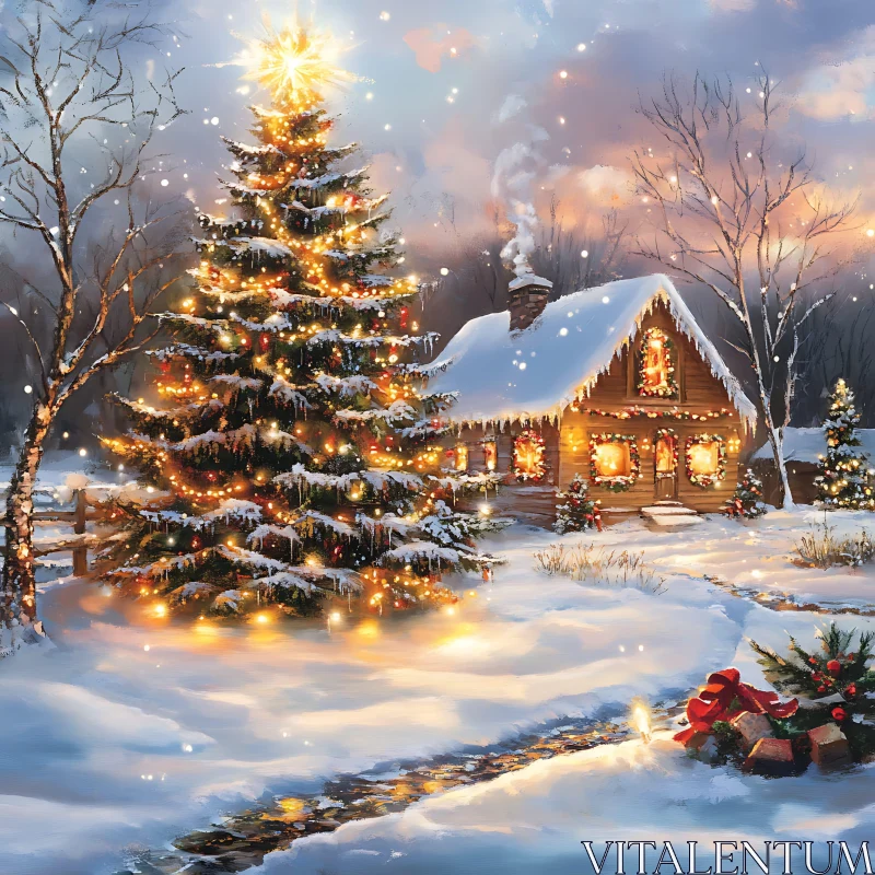 Warm Cabin and Radiant Christmas Tree in Winter Wonderland AI Image