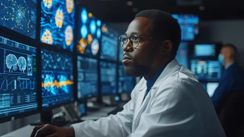 Black Man in Coat Working in Medical Facility with Monitors | Technological Marvels