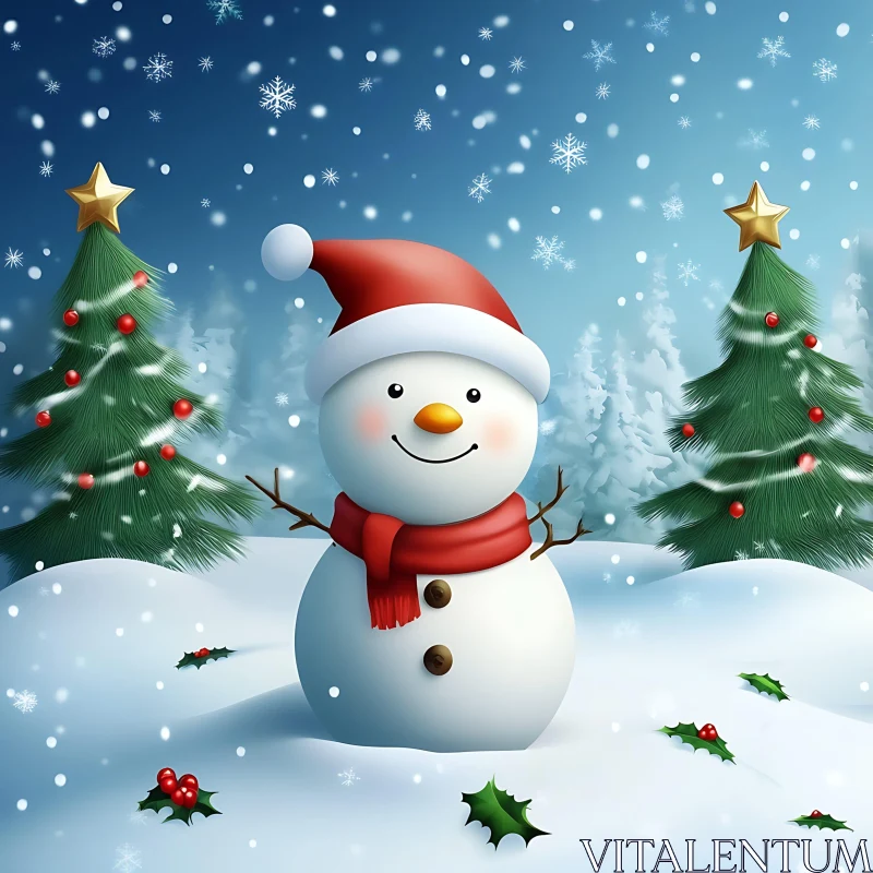 Snowman with Christmas Trees and Falling Snowflakes AI Image