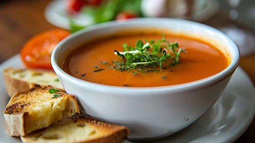 Delicious Tomato Soup with Fresh Herbs and Bread | Top-Down Perspective