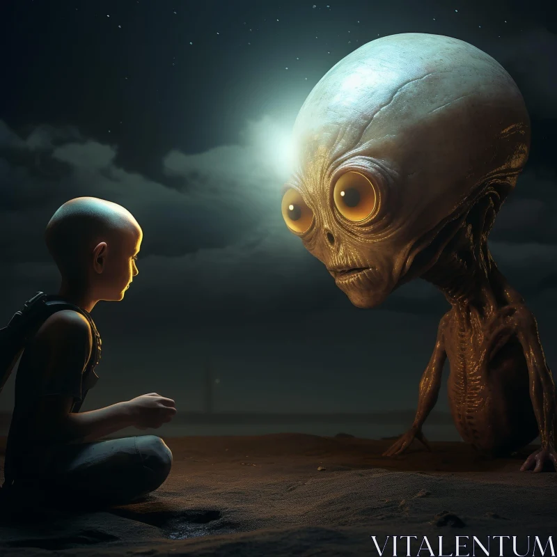 AI ART Enigmatic Encounter: Child and Alien in Science Fiction Scene