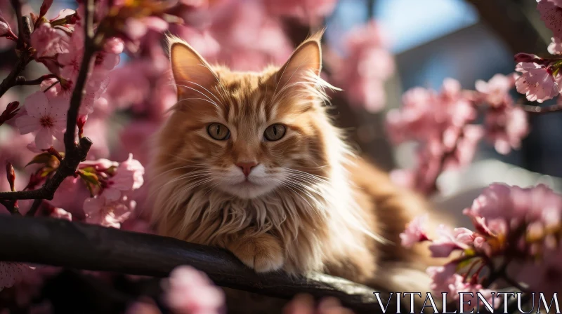 Ginger Cat Portrait in Cherry Blossom Tree AI Image