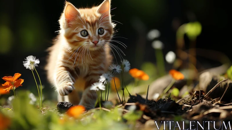 Ginger Kitten in Field of Flowers AI Image