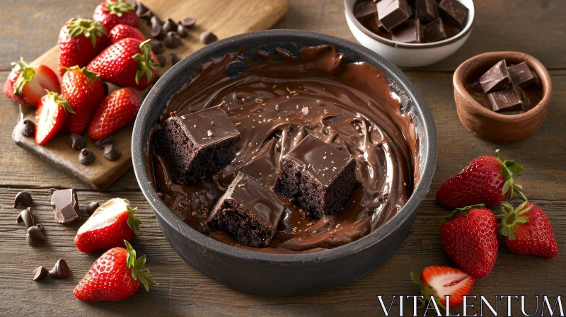 Indulge in Decadence: Chocolate Fondue with Strawberries and Brownie Cake AI Image