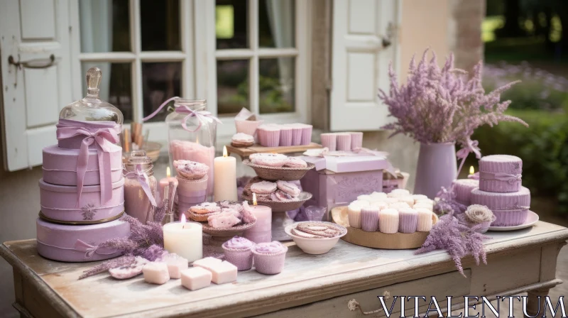 Lavender Toned Garden Party with Handcrafted Decor and Pastel Cake AI Image