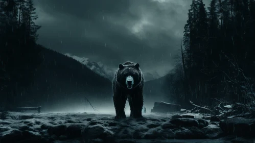 Majestic Black Bear in Rainy Woodland - Otherworldly Artistic Depiction