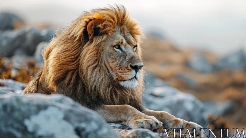 Majestic Lion Resting on a Rock - Captivating Wildlife Photography AI Image