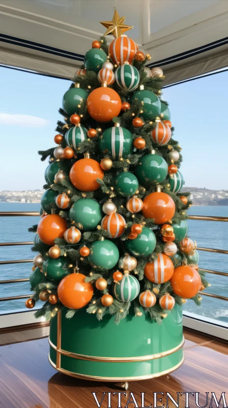 Meticulously Detailed Orange and Green Christmas Tree on the Ocean AI Image