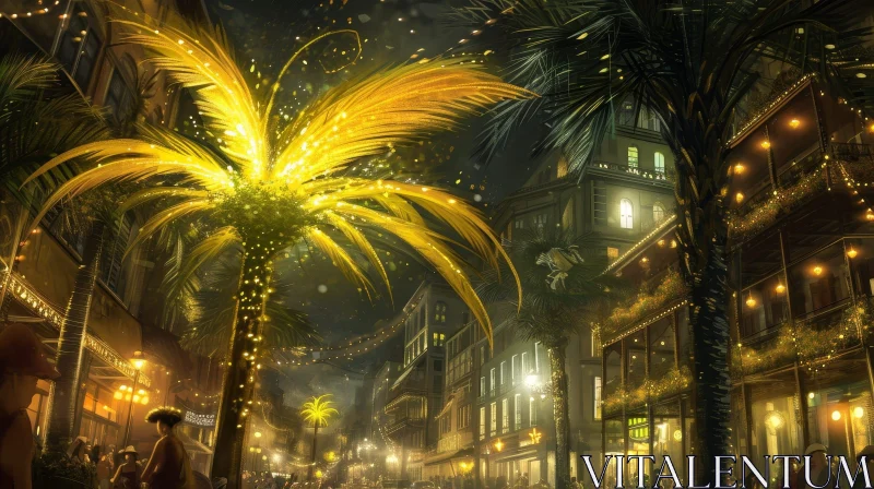 Night Cityscape with Glowing Palm Trees and Streetlights AI Image