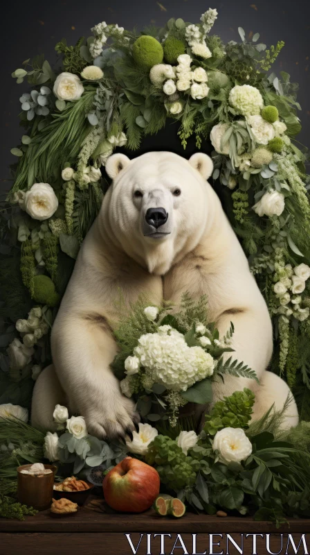 AI ART Polar Bear Surrounded by Flowers and Vegetables - Contemporary Portrait Photography