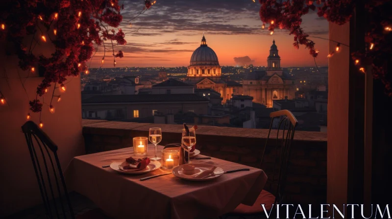 Romantic Dinner with Candles and Flowers | City Scene Landscape Photography AI Image