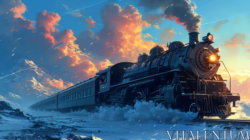 Steam Locomotive Rushing Through Snowy Mountain Landscape AI Image