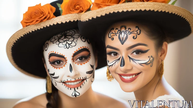 Two Women in Hats and Sugar Skull Day of the Dead Makeup AI Image
