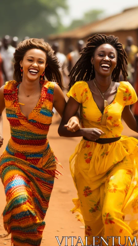 Vibrant Image of Women in Colorful Dresses Running Away AI Image