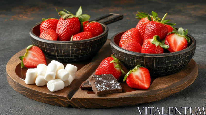 AI ART Wooden Plate with Strawberries, Marshmallows, and Chocolate