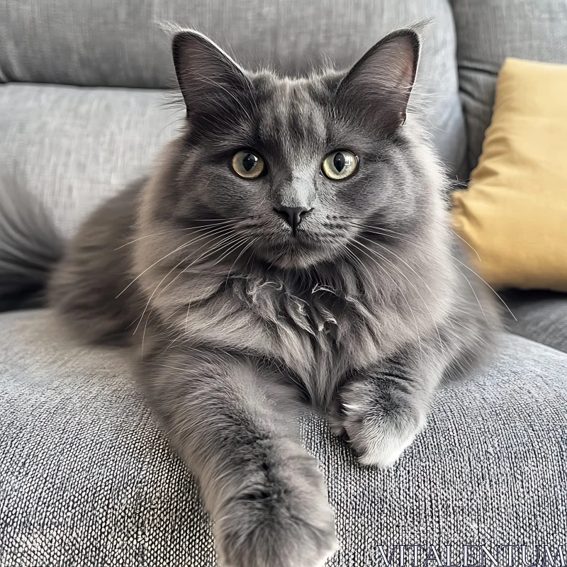 Alert Grey Cat on Comfortable Sofa AI Image