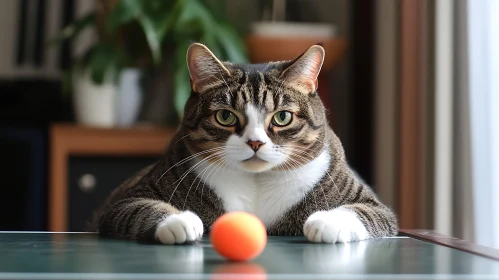 Focused Tabby Cat with Orange Ball