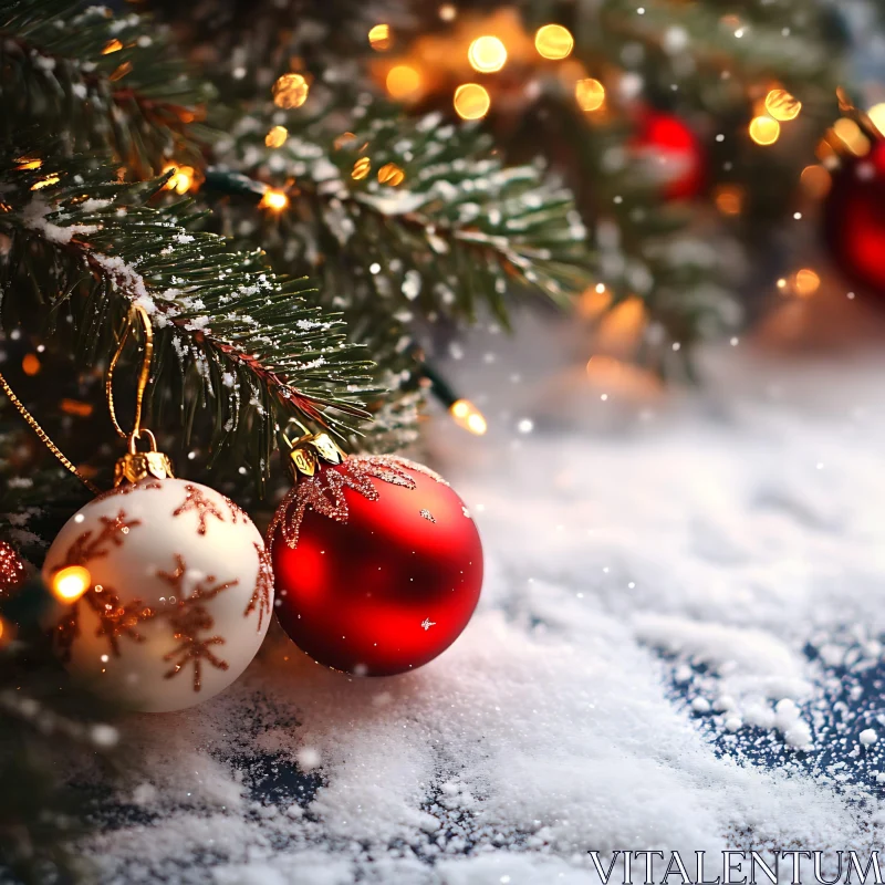 Christmas Tree Branch with Baubles and Snow AI Image