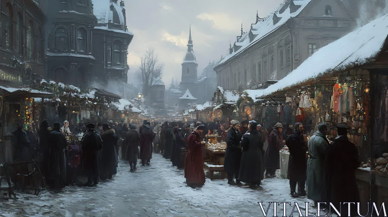 Snow-Covered Winter Market with Historical Charm AI Image