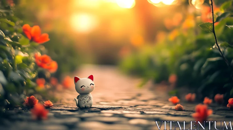 Adorable Cat Figurine in a Sunlit Flower Garden AI Image