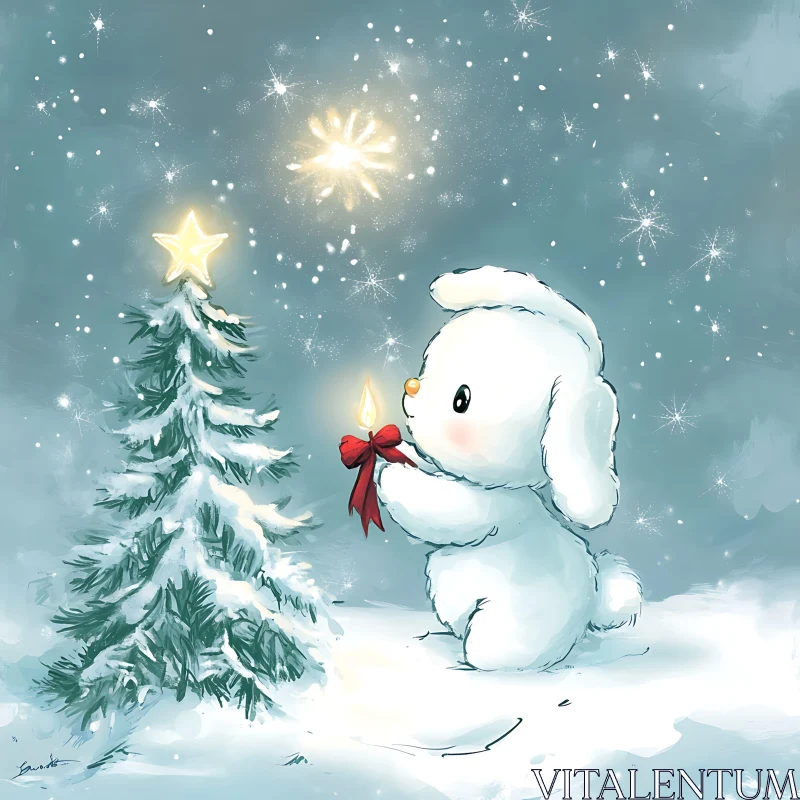 Charming Bunny and Christmas Tree Scene AI Image