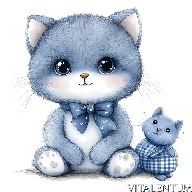 Cute Blue Kitten and Plush Toy Duo AI Image