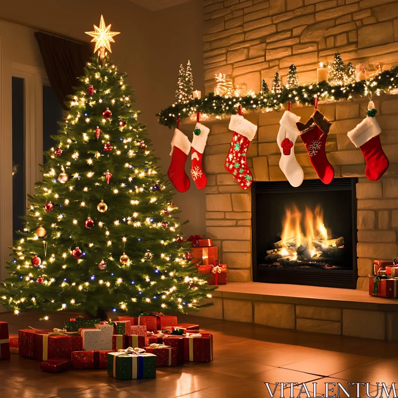 Festive Holiday Decor with Christmas Tree and Fireplace AI Image