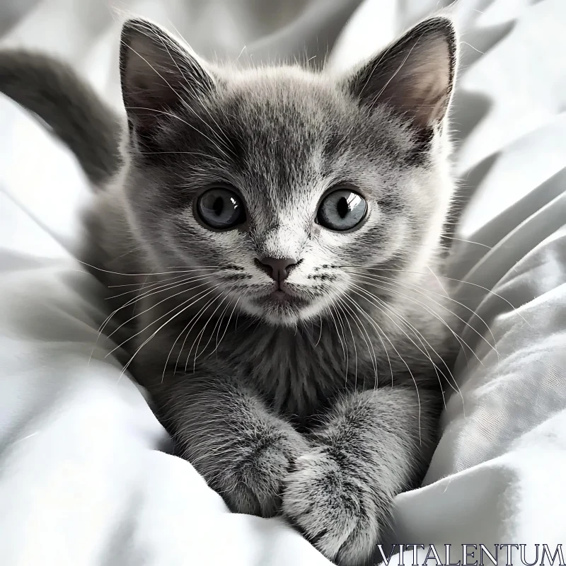 Cute Grey Kitten on White Blanket AI Image