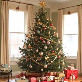 Beautifully Decorated Christmas Tree with Ornaments and Gifts