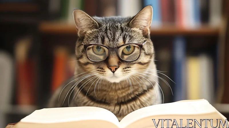 Studious Cat in a Library AI Image