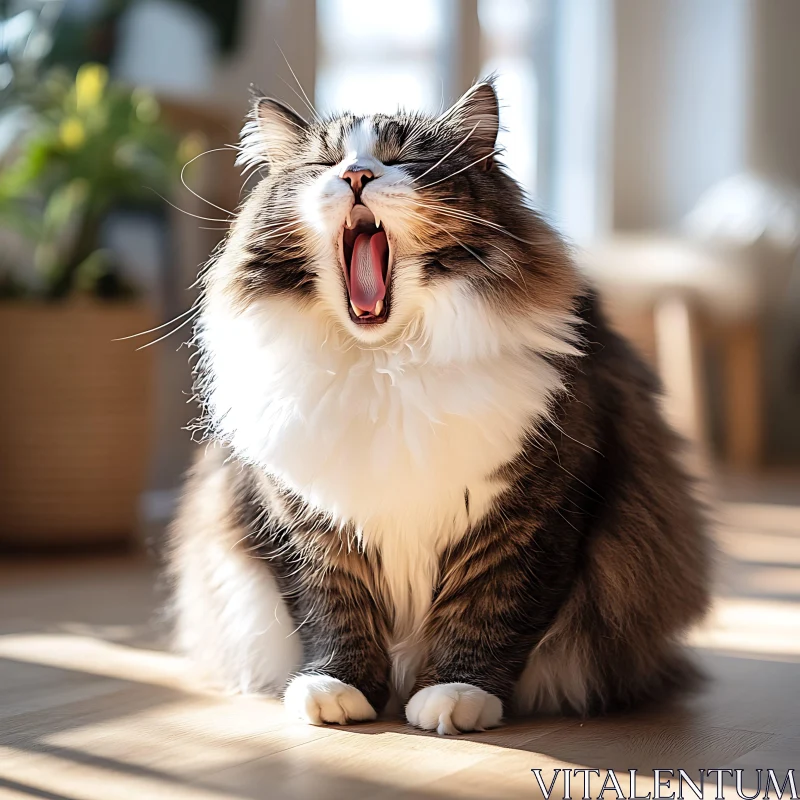 Fluffy Cat Yawning in Sunlight AI Image